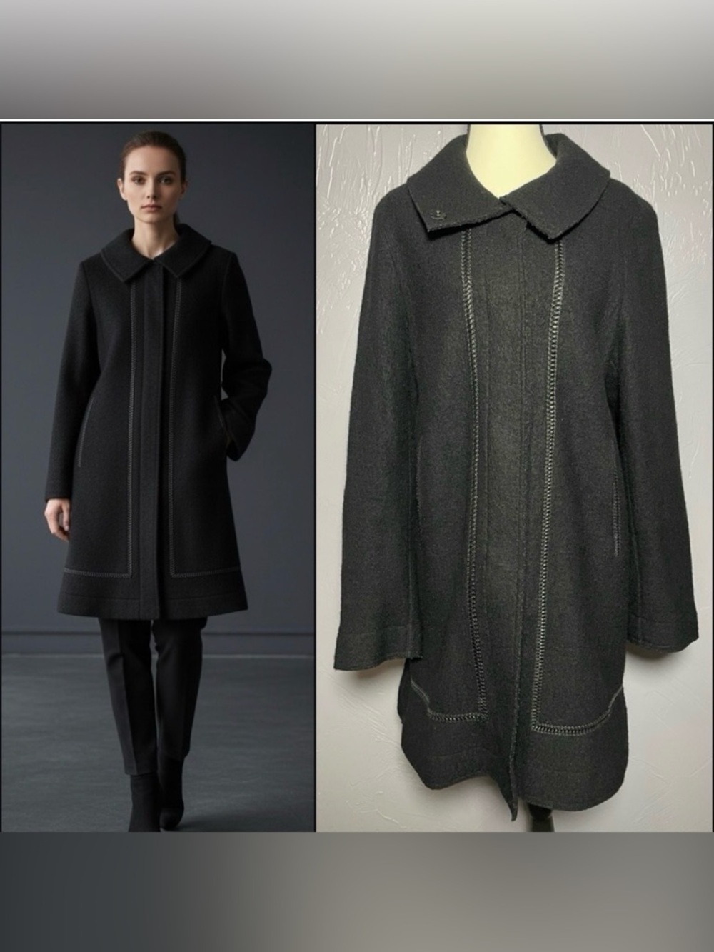 Hilary Radley 100% Boiled Wool A Line Pea Coat with Leather Trim Detail Black